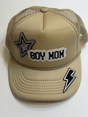 Others Follow Beige "Boy Mom" Trucker Hat with Star & Lightning Patches